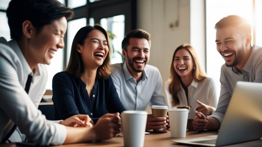 people are laughing during coffee break